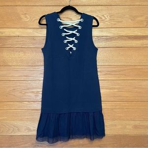 Grey State navy lace up back peplum dress